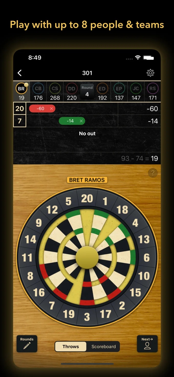 Throw entry screen with an interactive dartboard and a game of 301 in progress