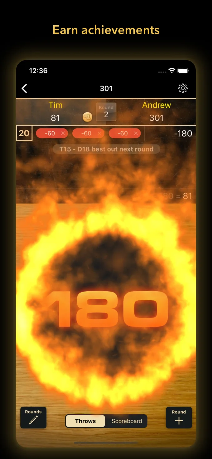 A 180 achievement animation firing in the Dart Meister app during a game of 301