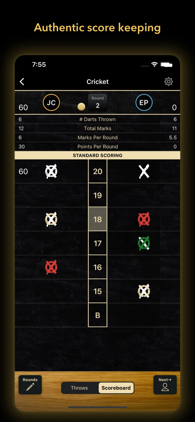 Cricket scoreboard showing marks and points for two players with the 20 closed