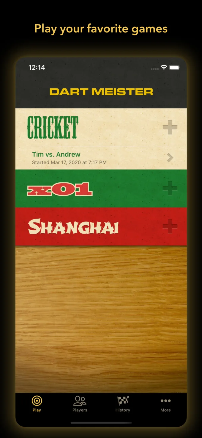 Game list showing Cricket, 301, 501 and Shanghai games in progress