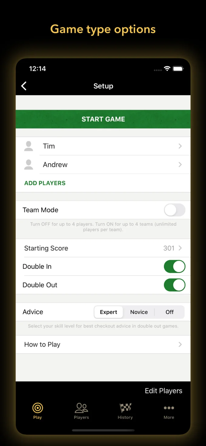 Game setup screen with team mode, starting score, double in, double out and checkout advice level