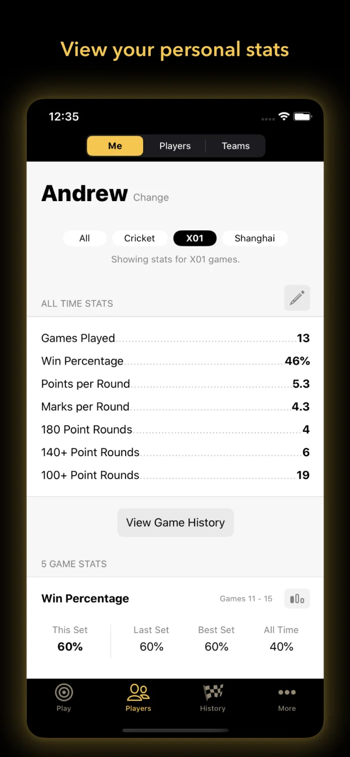 Personal darts statistics showing games played, win percentage, points per round, marks per round and 180 counts